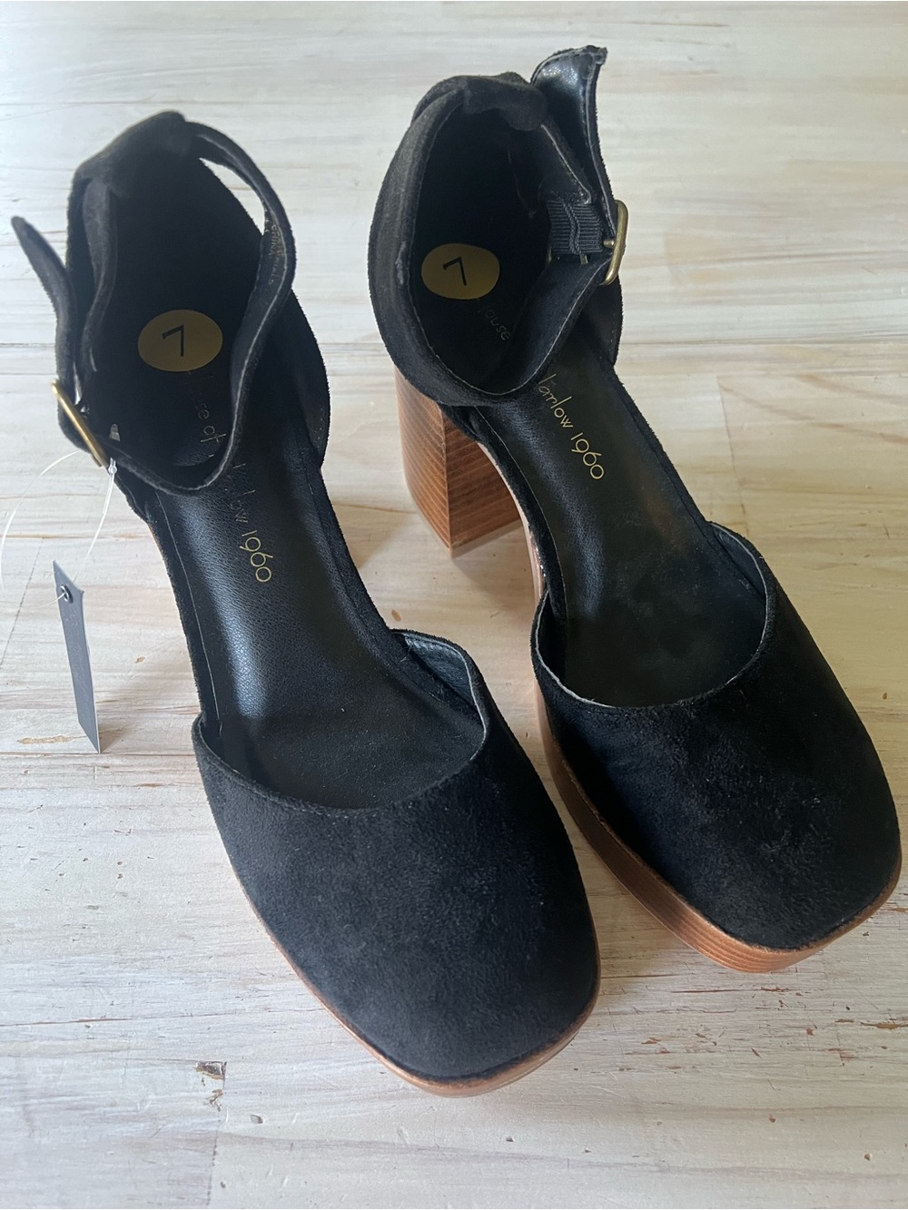 House of Harlow 1960 Black Suede Ankle-Strap Block Heel Pumps